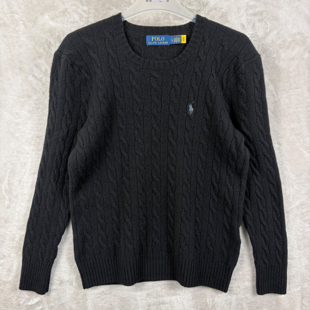 Polo Ralph Lauren Mens L Cashmere Wool Blend Black Cable Knit Sweater Blue Pony